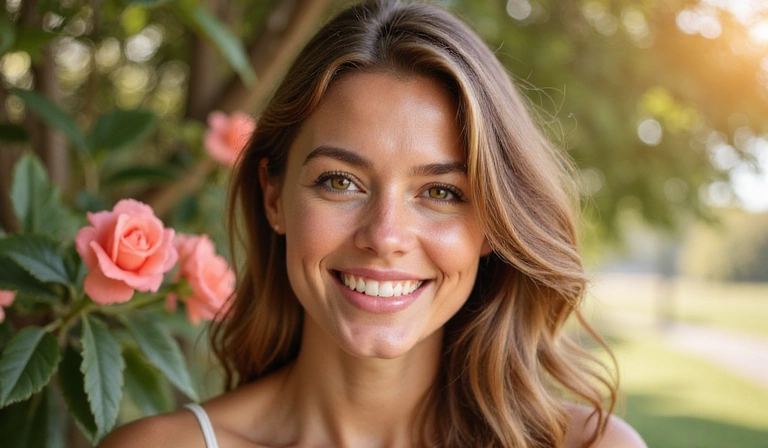 A woman with glowing skin smiling, surrounded by natural elements like flowers and soft light, embodying natural radiance.