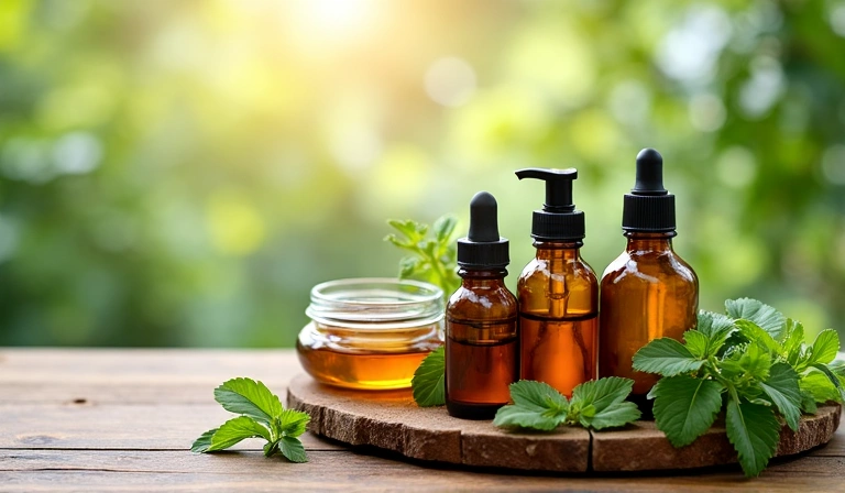 Various natural skincare products and ingredients artfully arranged on a wooden surface, soft natural light, focus on textures.